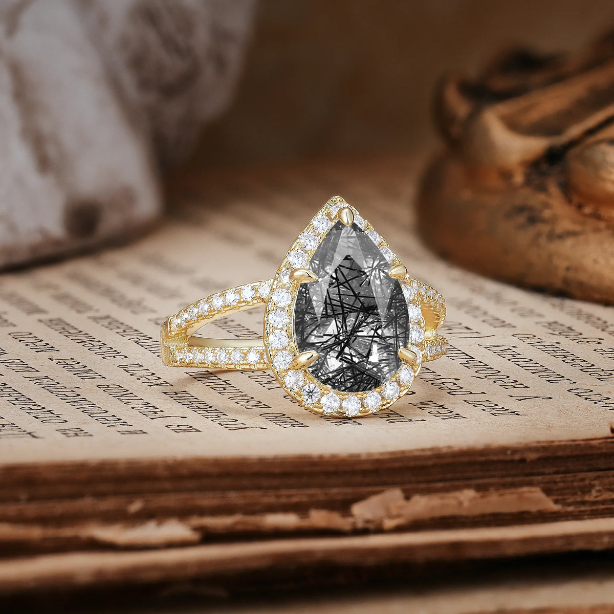 Classic Double-Row Diamond, Luxurious 5-Prong Pear Cut Black Rutilated Quartz Engagement Ring