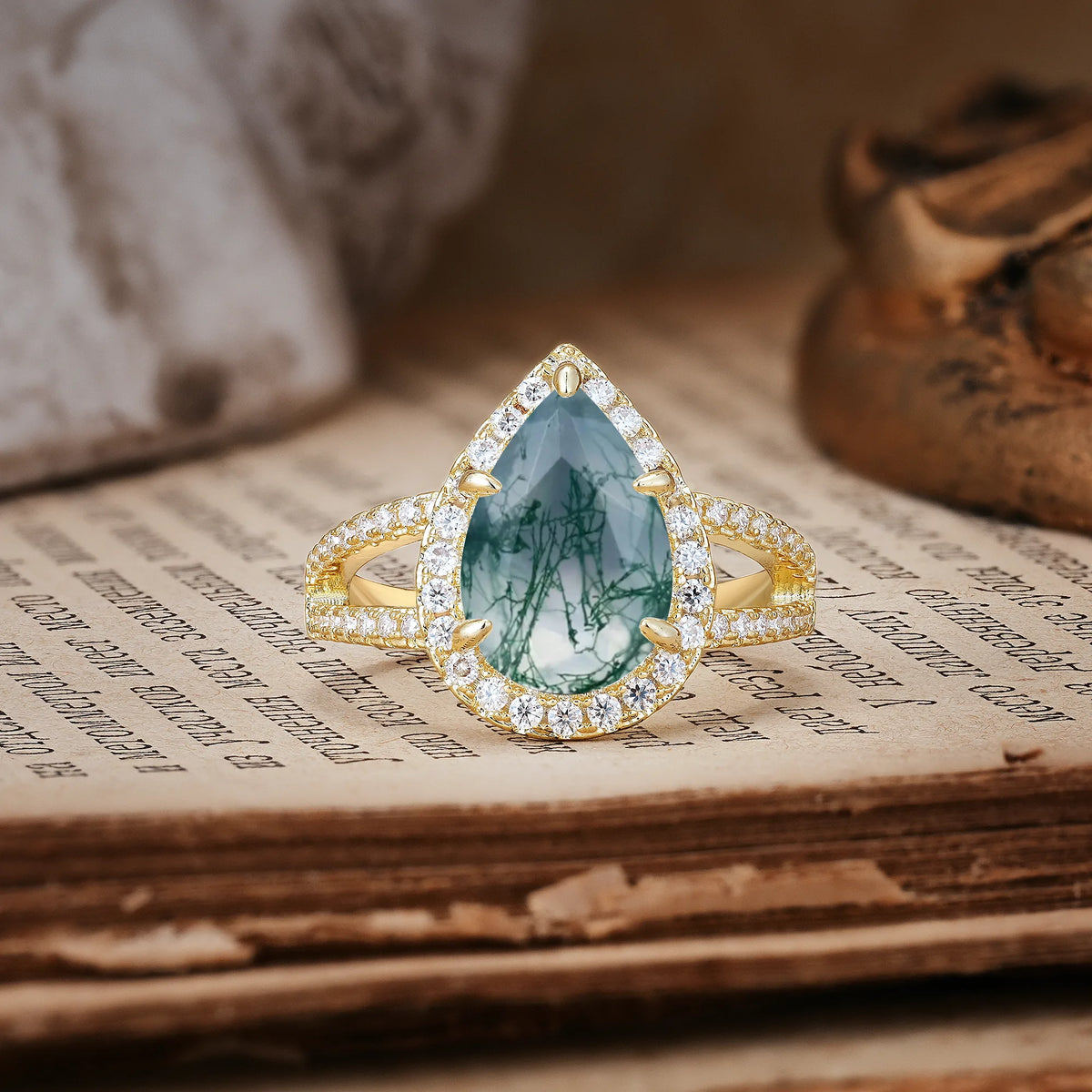 Classic Double-Row Diamond, Luxurious 5-Prong Pear Cut Moss Agate Engagement Ring