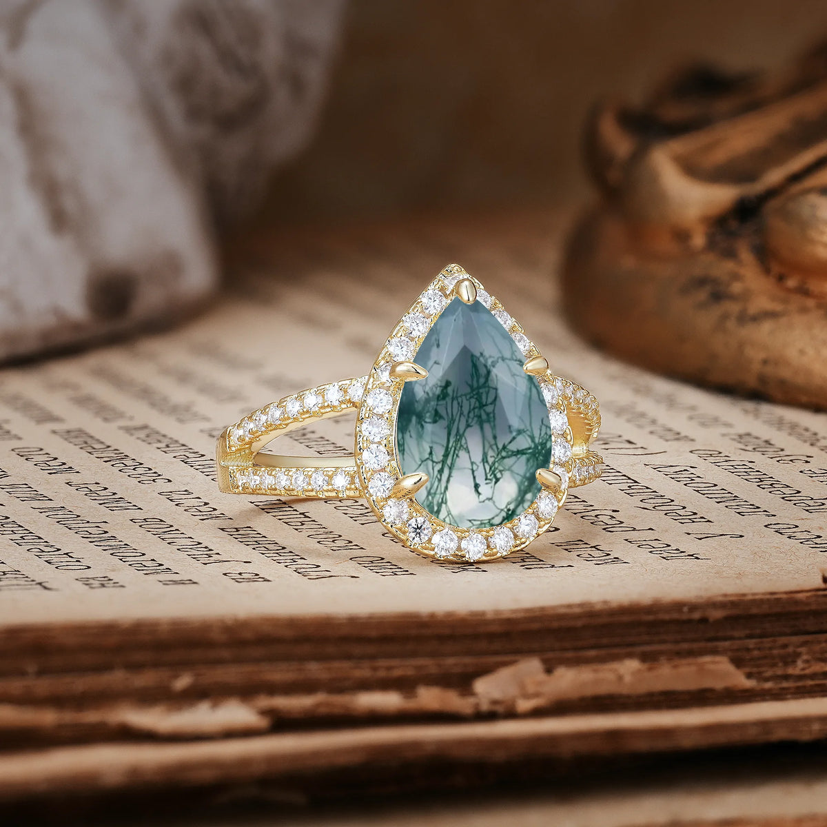 Classic Double-Row Diamond, Luxurious 5-Prong Pear Cut Moss Agate Engagement Ring