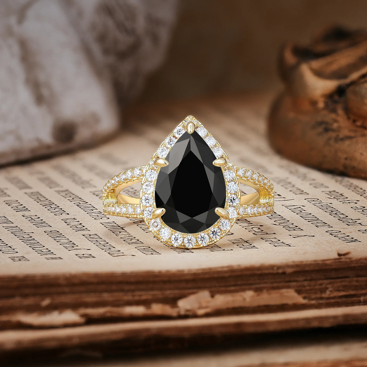 Classic Double-Row Diamond, Luxurious 5-Prong Pear Cut Black Onyx Engagement Ring