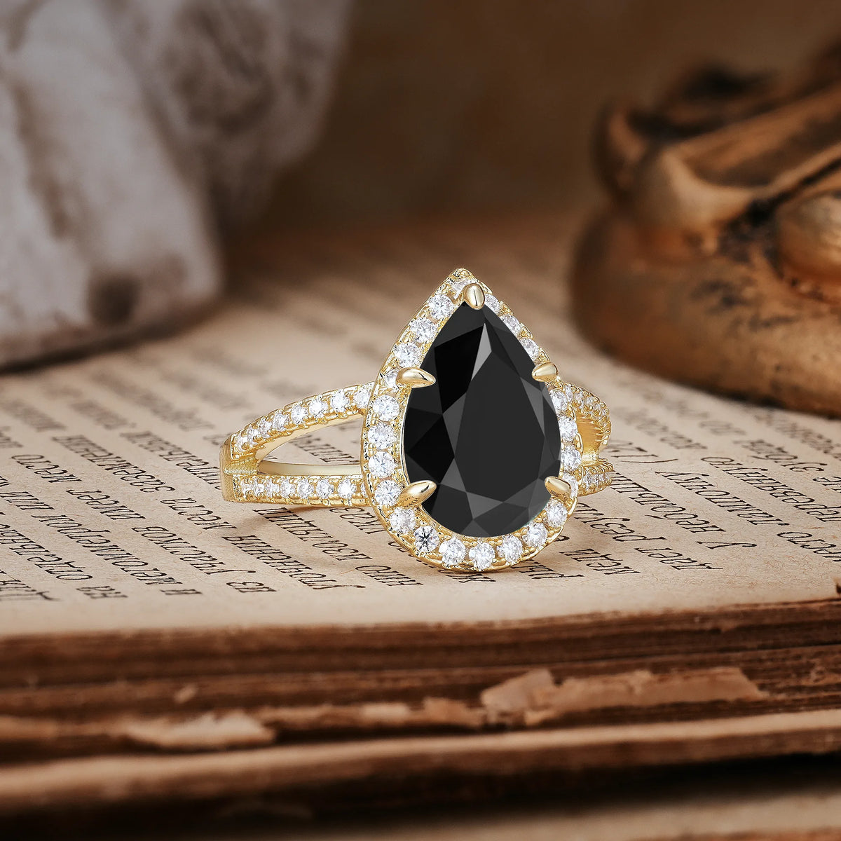 Classic Double-Row Diamond, Luxurious 5-Prong Pear Cut Black Onyx Engagement Ring