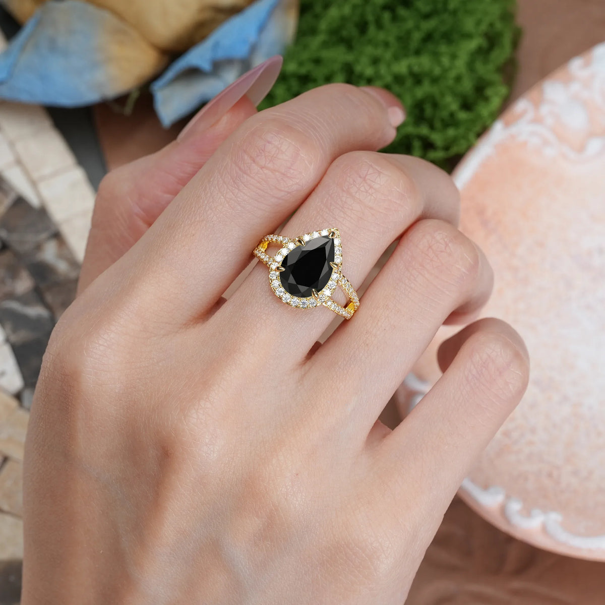 Pear Cut Black Onyx Classic Double-Row Diamond, Luxurious 5-Prong Engagement Ring