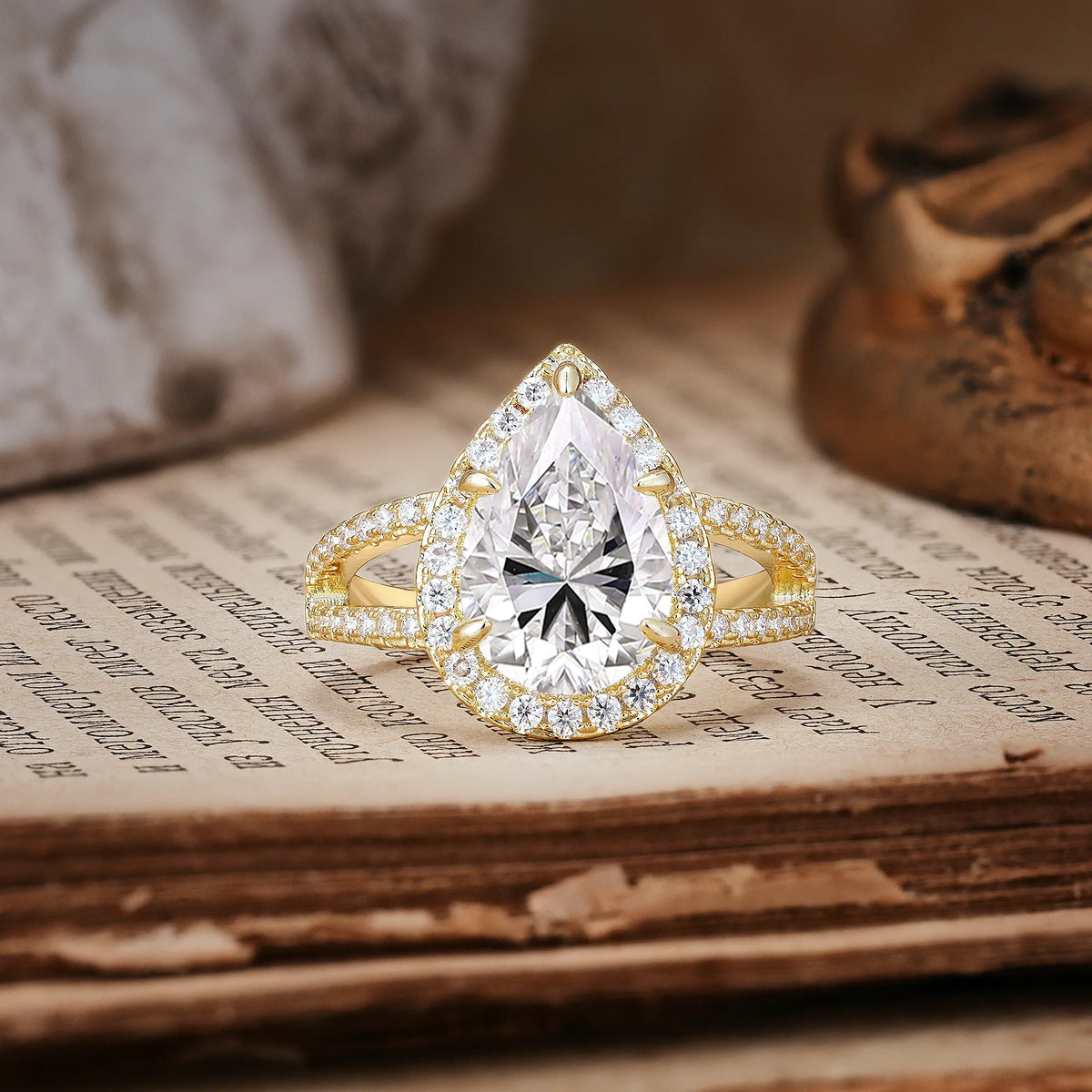 Classic Double-Row Diamond, Luxurious 5-Prong Pear Cut Lab Diamond Engagement Ring