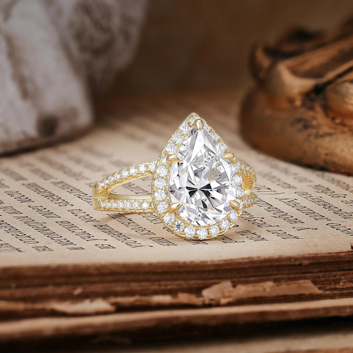 Classic Double-Row Diamond, Luxurious 5-Prong Pear Cut Lab Diamond Engagement Ring