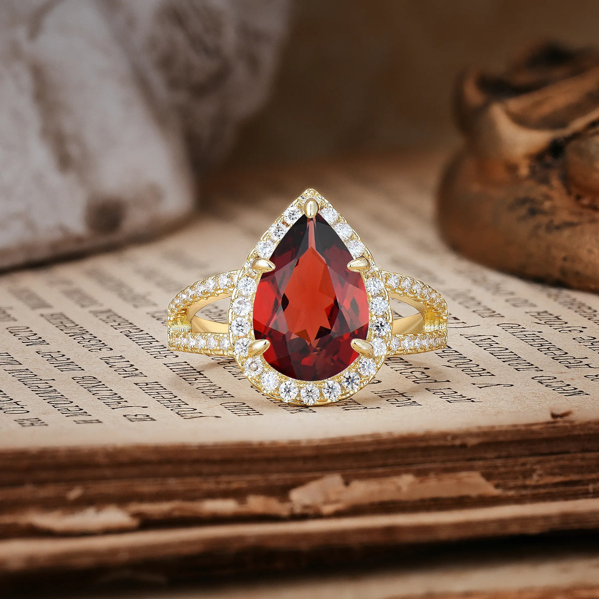 Classic Double-Row Diamond, Luxurious 5-Prong Pear Cut Garnet Engagement Ring