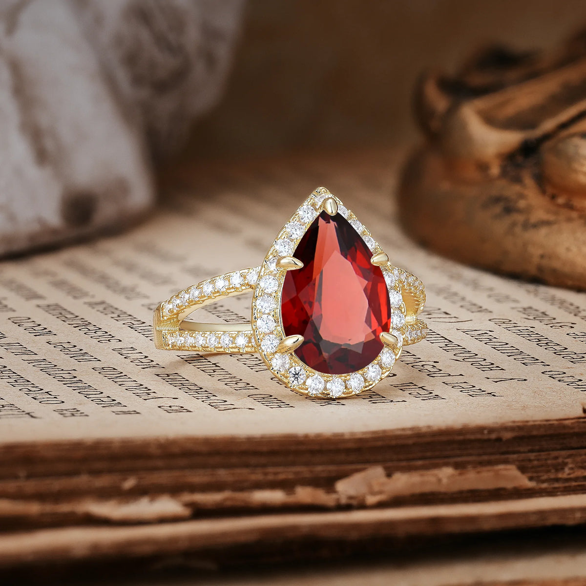 Classic Double-Row Diamond, Luxurious 5-Prong Pear Cut Garnet Engagement Ring