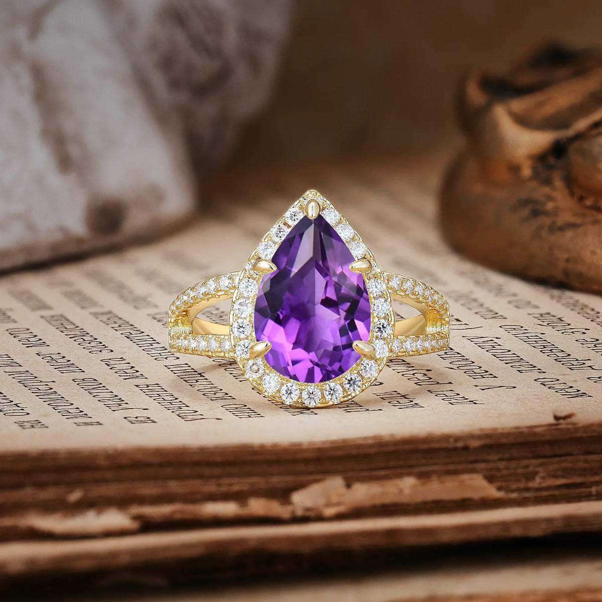 Classic Double-Row Diamond, Luxurious 5-Prong Pear Cut Amethyst Engagement Ring