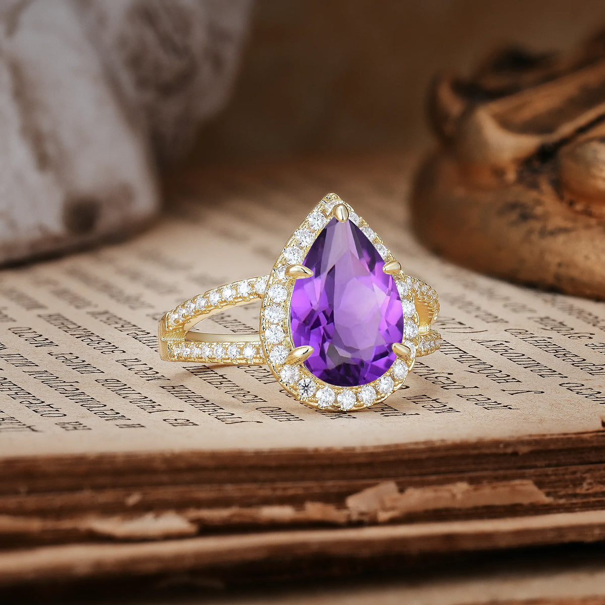 Classic Double-Row Diamond, Luxurious 5-Prong Pear Cut Amethyst Engagement Ring
