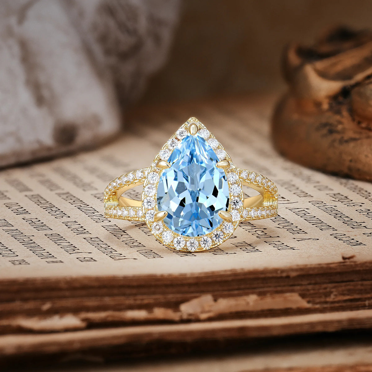 Classic Double-Row Diamond, Luxurious 5-Prong Pear Cut Aquamarine Engagement Ring