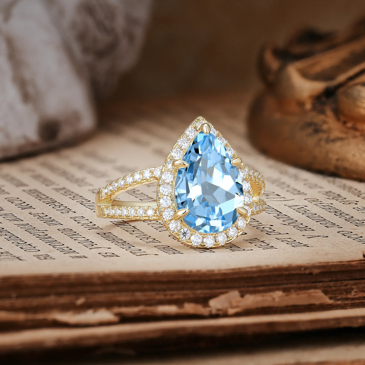 Classic Double-Row Diamond, Luxurious 5-Prong Pear Cut Aquamarine Engagement Ring