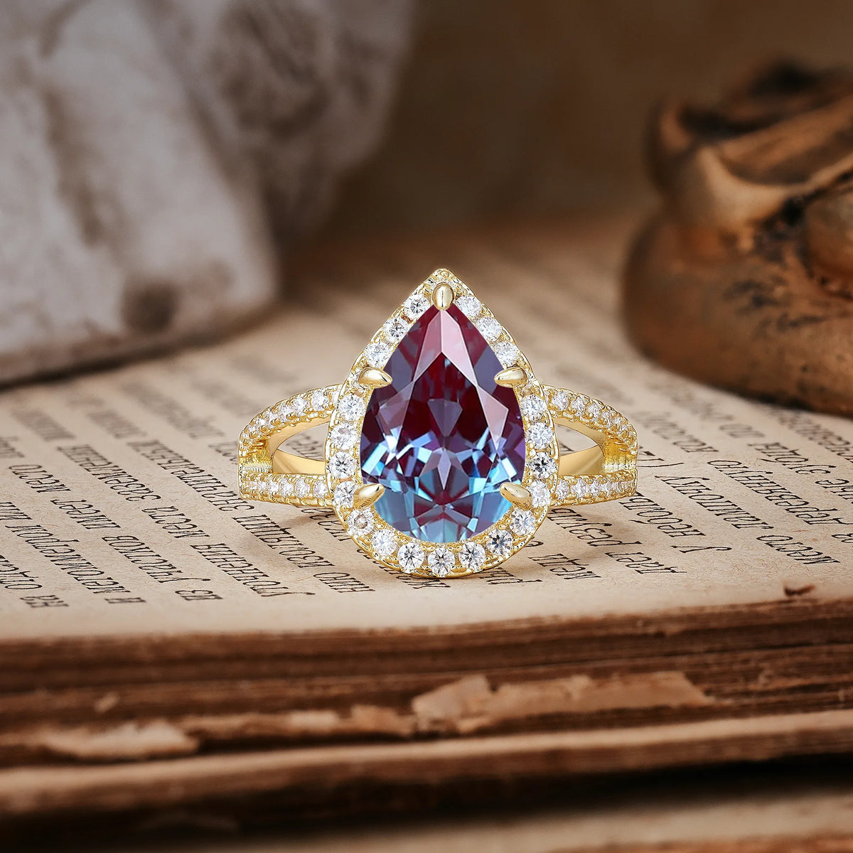 Classic Double-Row Diamond, Luxurious 5-Prong Pear Cut Alexandrite Engagement Ring