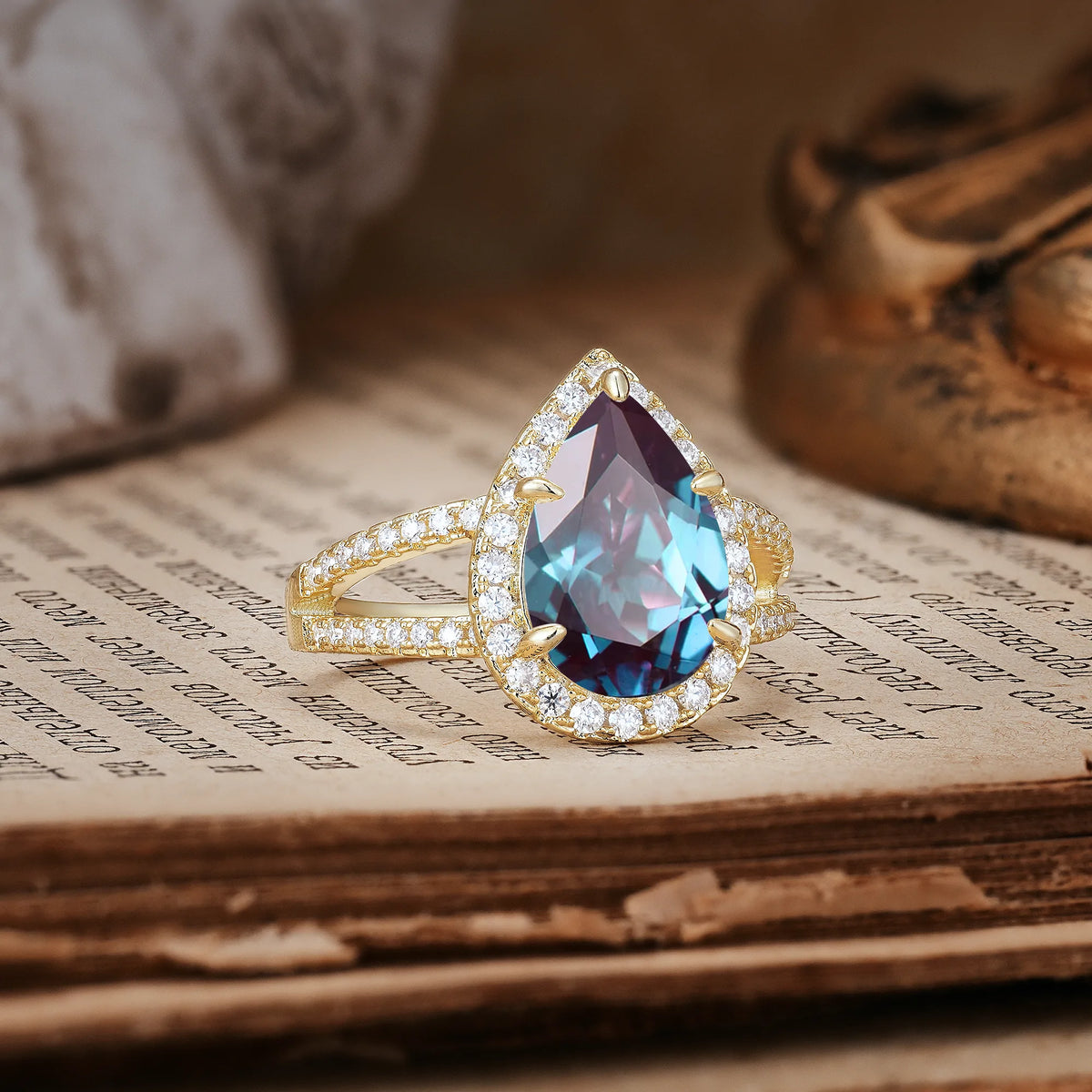 Classic Double-Row Diamond, Luxurious 5-Prong Pear Cut Alexandrite Engagement Ring