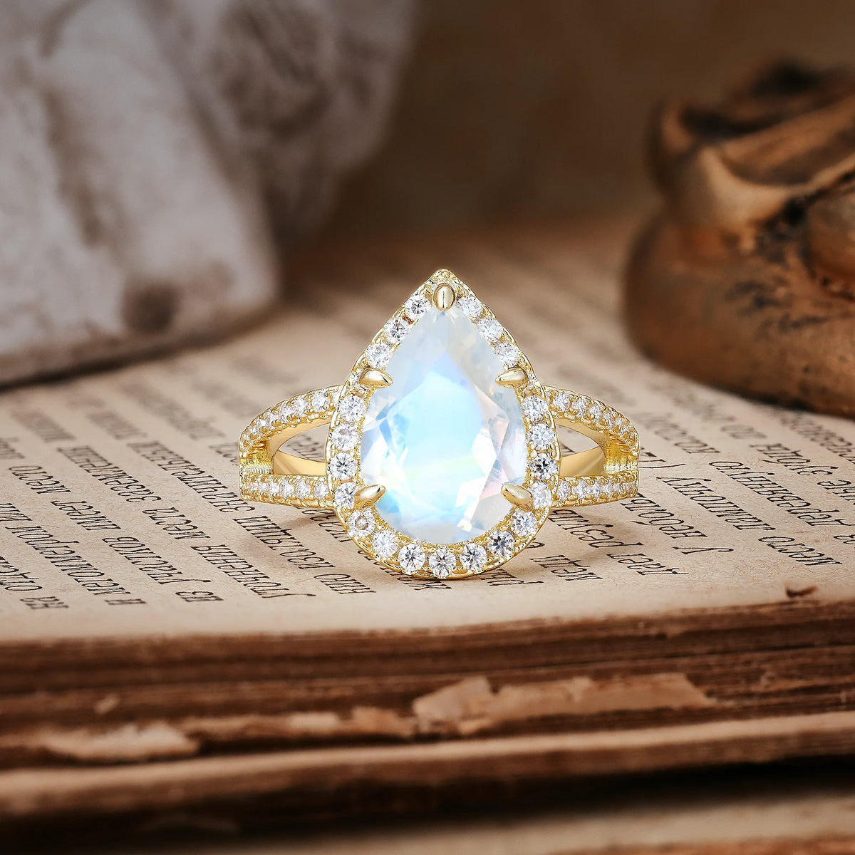 Classic Double-Row Diamond, Luxurious 5-Prong Pear Cut Moonstone Engagement Ring