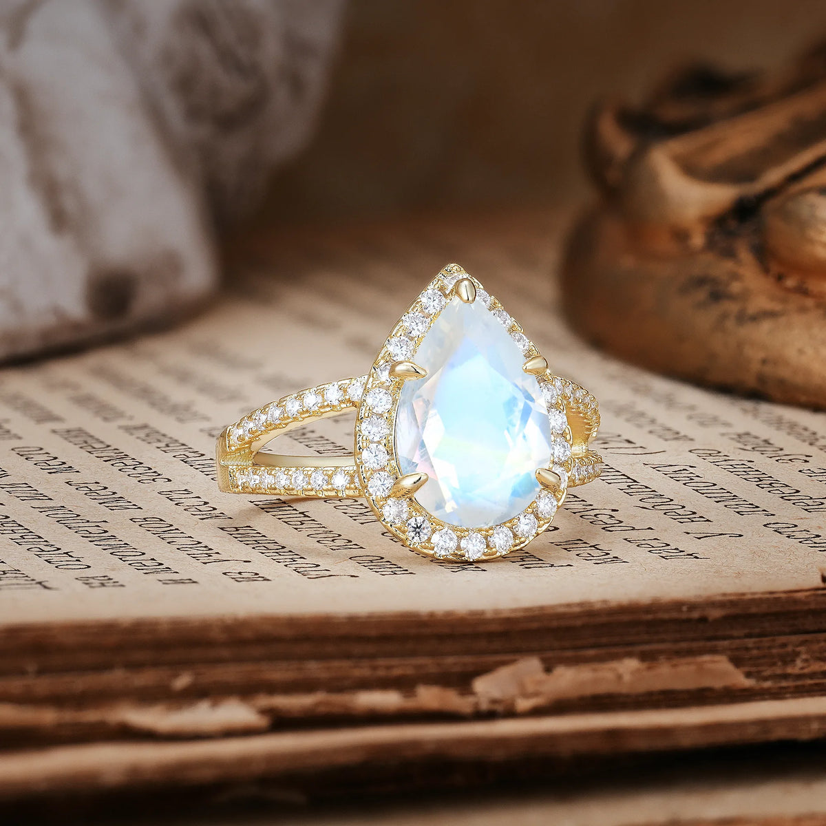 Classic Double-Row Diamond, Luxurious 5-Prong Pear Cut Moonstone Engagement Ring