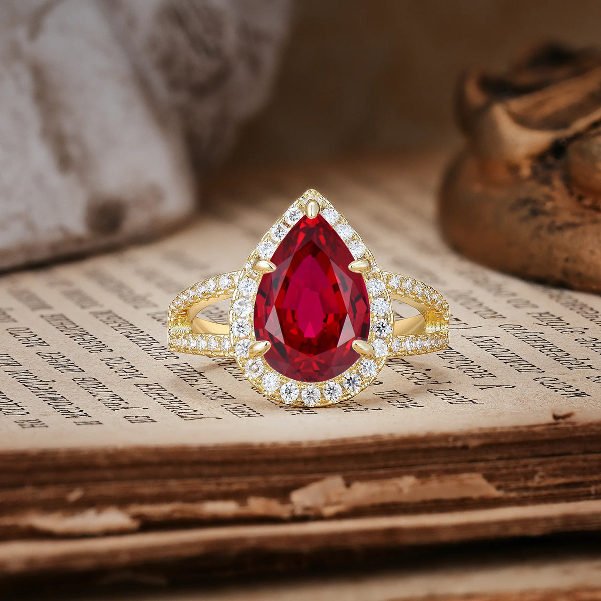 Classic Double-Row Diamond, Luxurious 5-Prong Pear Cut Ruby Engagement Ring