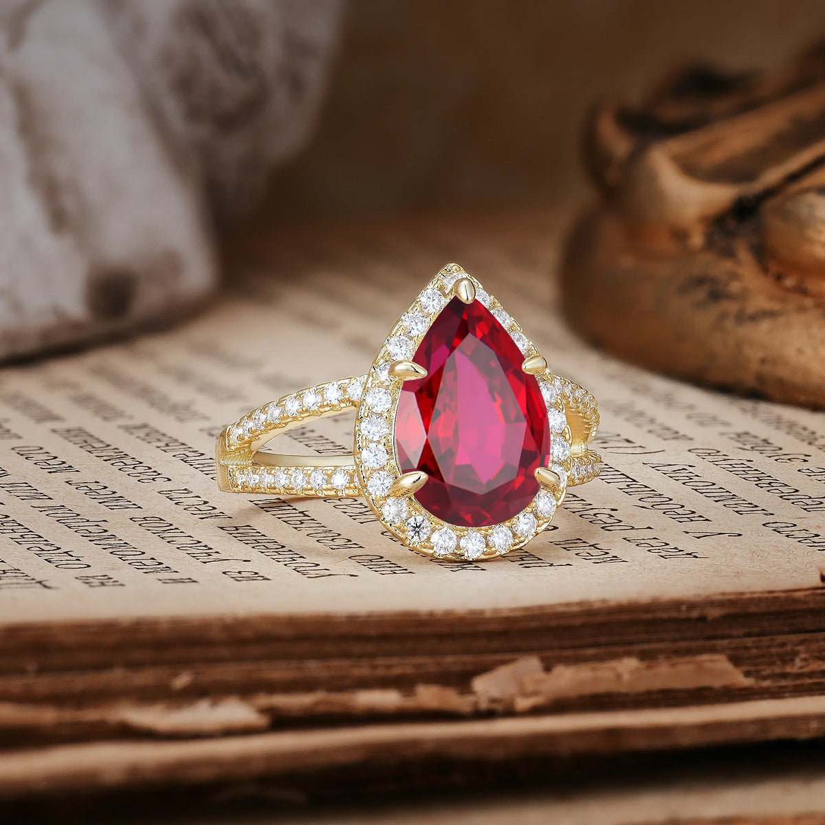 Classic Double-Row Diamond, Luxurious 5-Prong Pear Cut Ruby Engagement Ring