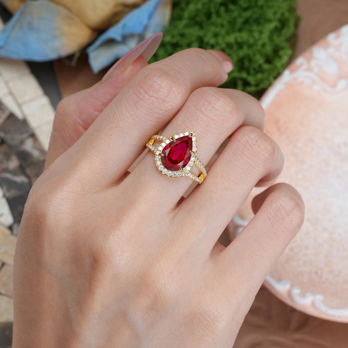Pear Cut Ruby Classic Double-Row Diamond, Luxurious 5-Prong Engagement Ring