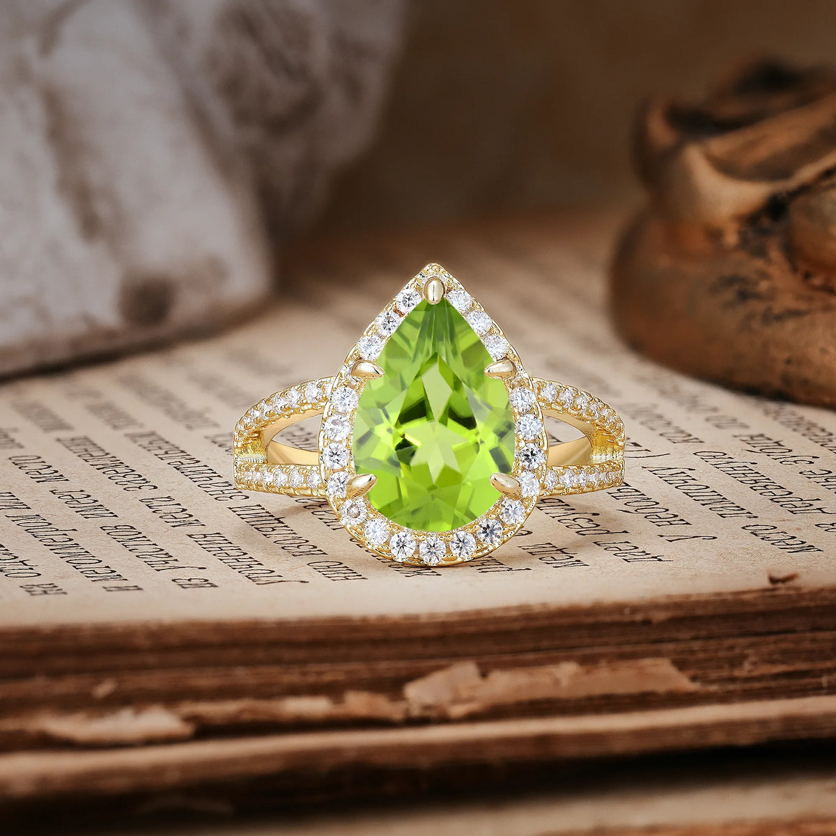 Classic Double-Row Diamond, Luxurious 5-Prong Pear Cut Peridot Engagement Ring