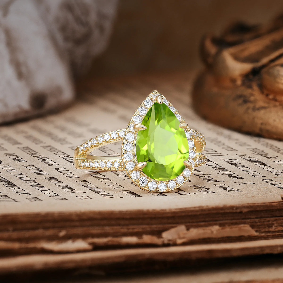 Classic Double-Row Diamond, Luxurious 5-Prong Pear Cut Peridot Engagement Ring