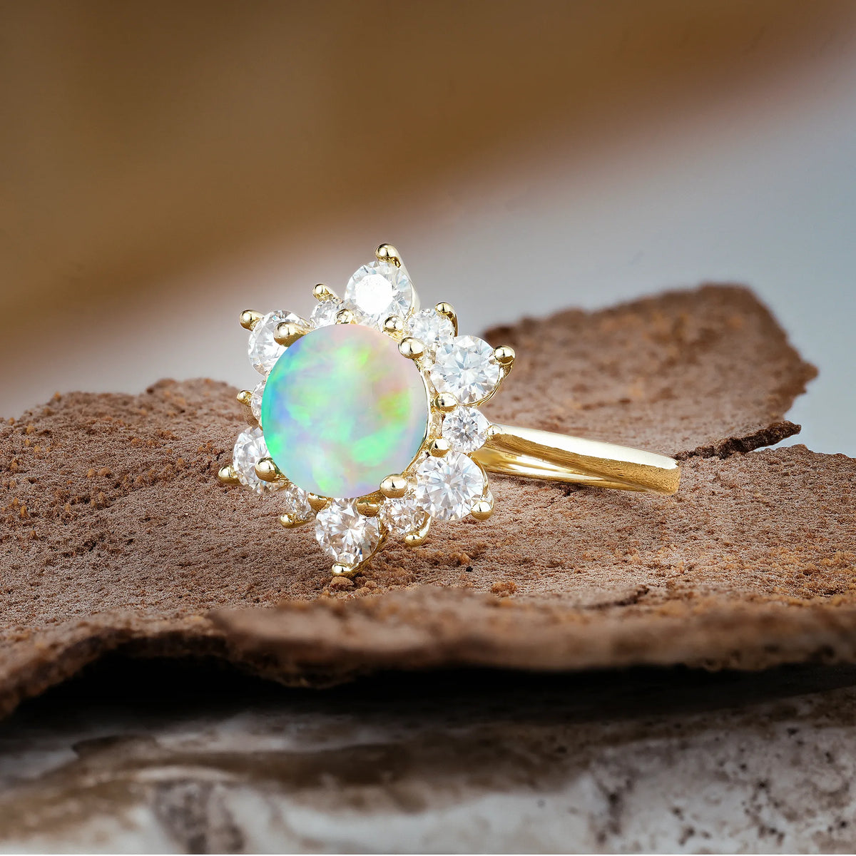 Luxurious Flower-Shaped 12-Prong Round Cut Fire Opal Engagement Ring