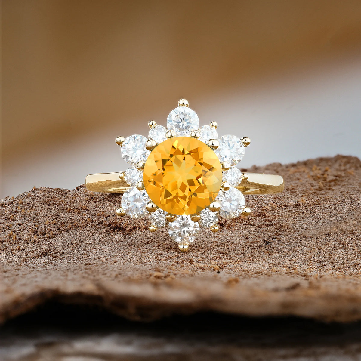 Luxurious Flower-Shaped 12-Prong Round Cut Citrine Engagement Ring