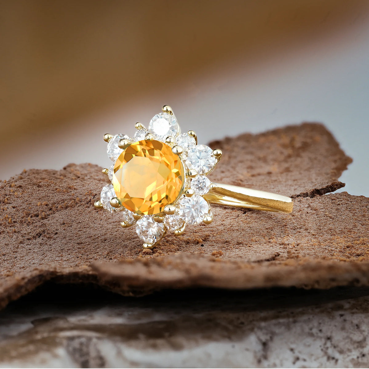 Luxurious Flower-Shaped 12-Prong Round Cut Citrine Engagement Ring