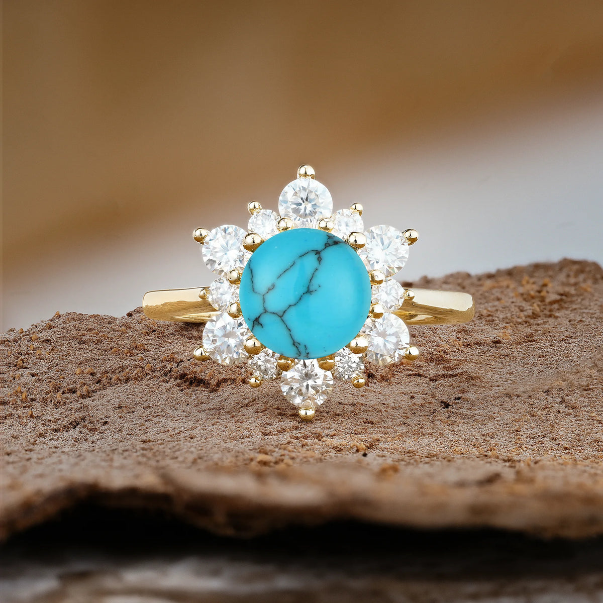Luxurious Flower-Shaped 12-Prong Round Cut Turquoise Engagement Ring