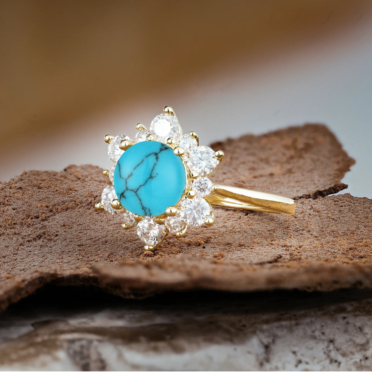 Luxurious Flower-Shaped 12-Prong Round Cut Turquoise Engagement Ring