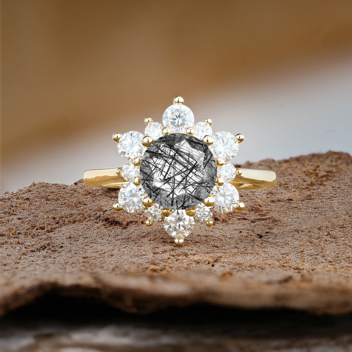Luxurious Flower-Shaped 12-Prong Round Cut Black Rutilated Quartz Engagement Ring