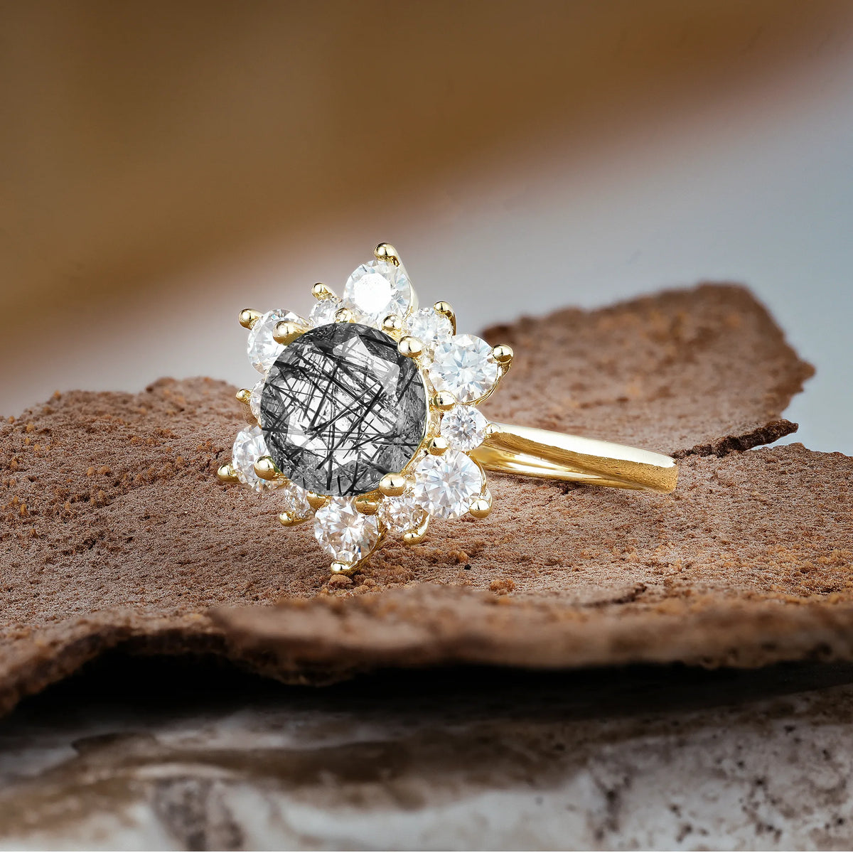 Luxurious Flower-Shaped 12-Prong Round Cut Black Rutilated Quartz Engagement Ring