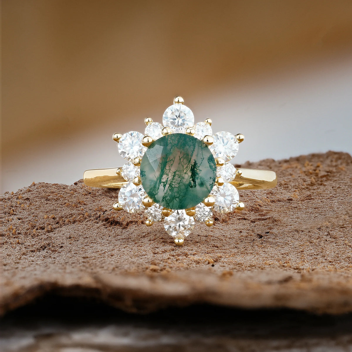 Luxurious Flower-Shaped 12-Prong Round Cut Moss Agate Engagement Ring