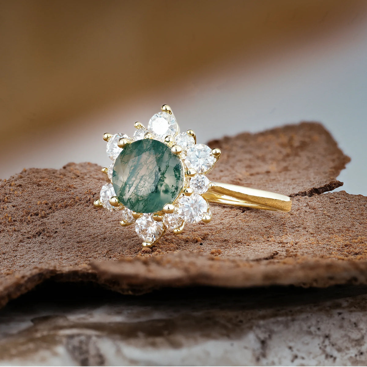 Luxurious Flower-Shaped 12-Prong Round Cut Moss Agate Engagement Ring