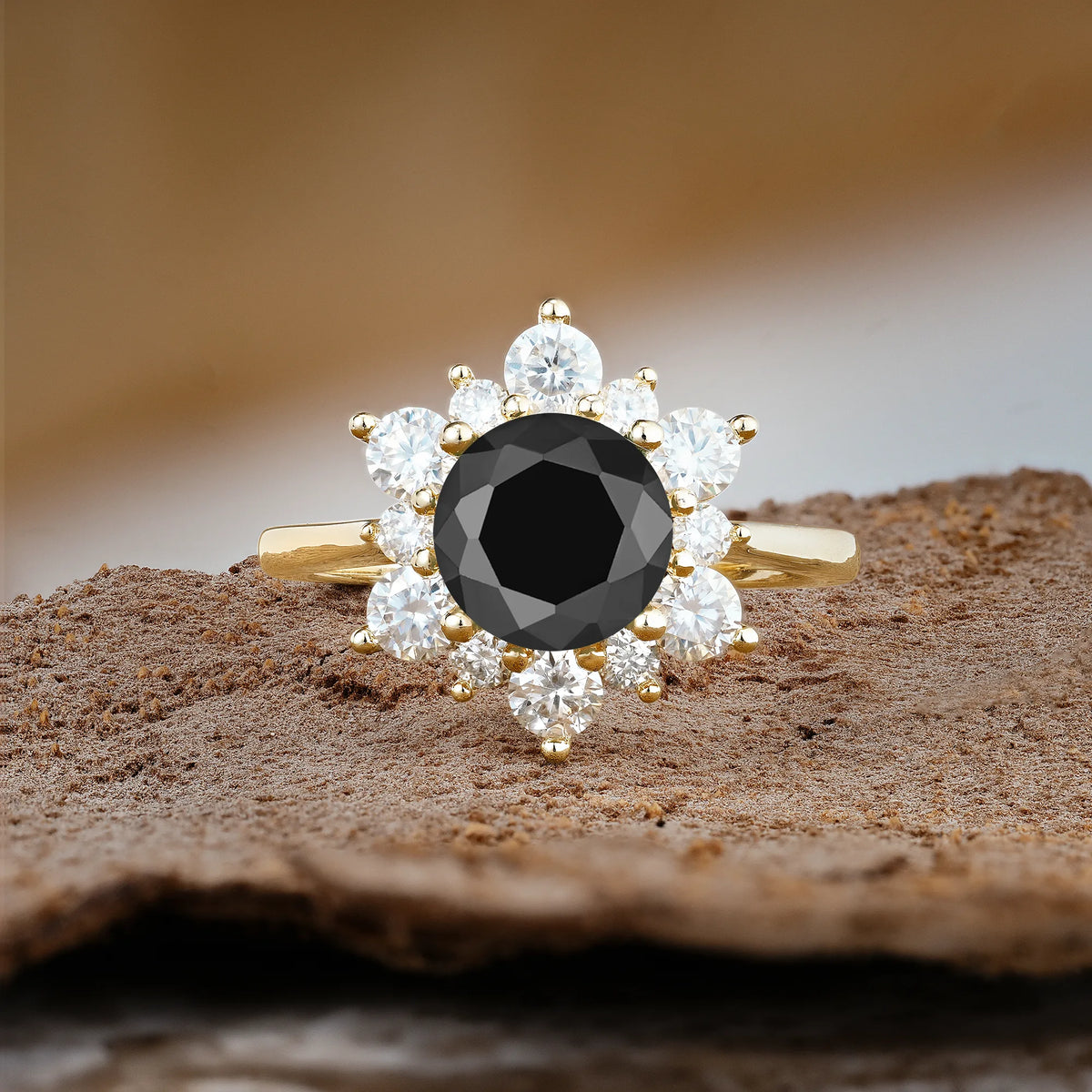 Luxurious Flower-Shaped 12-Prong Round Cut Black Onyx Engagement Ring