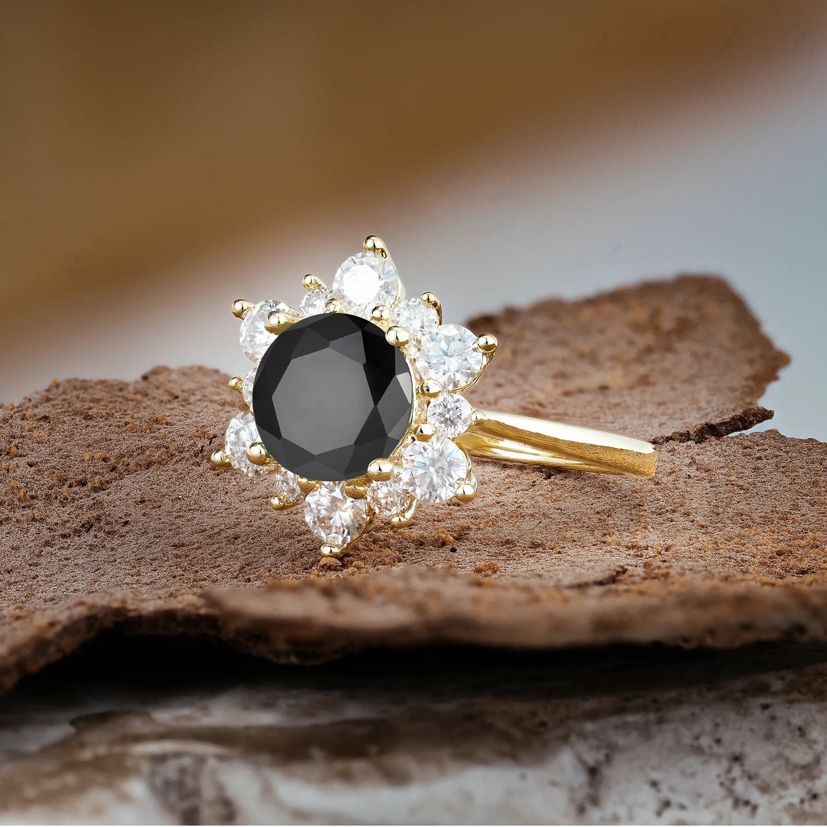 Luxurious Flower-Shaped 12-Prong Round Cut Black Onyx Engagement Ring