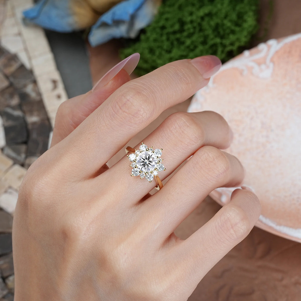 Round Cut Lab Diamond Luxurious Flower-Shaped 12-Prong Engagement Ring