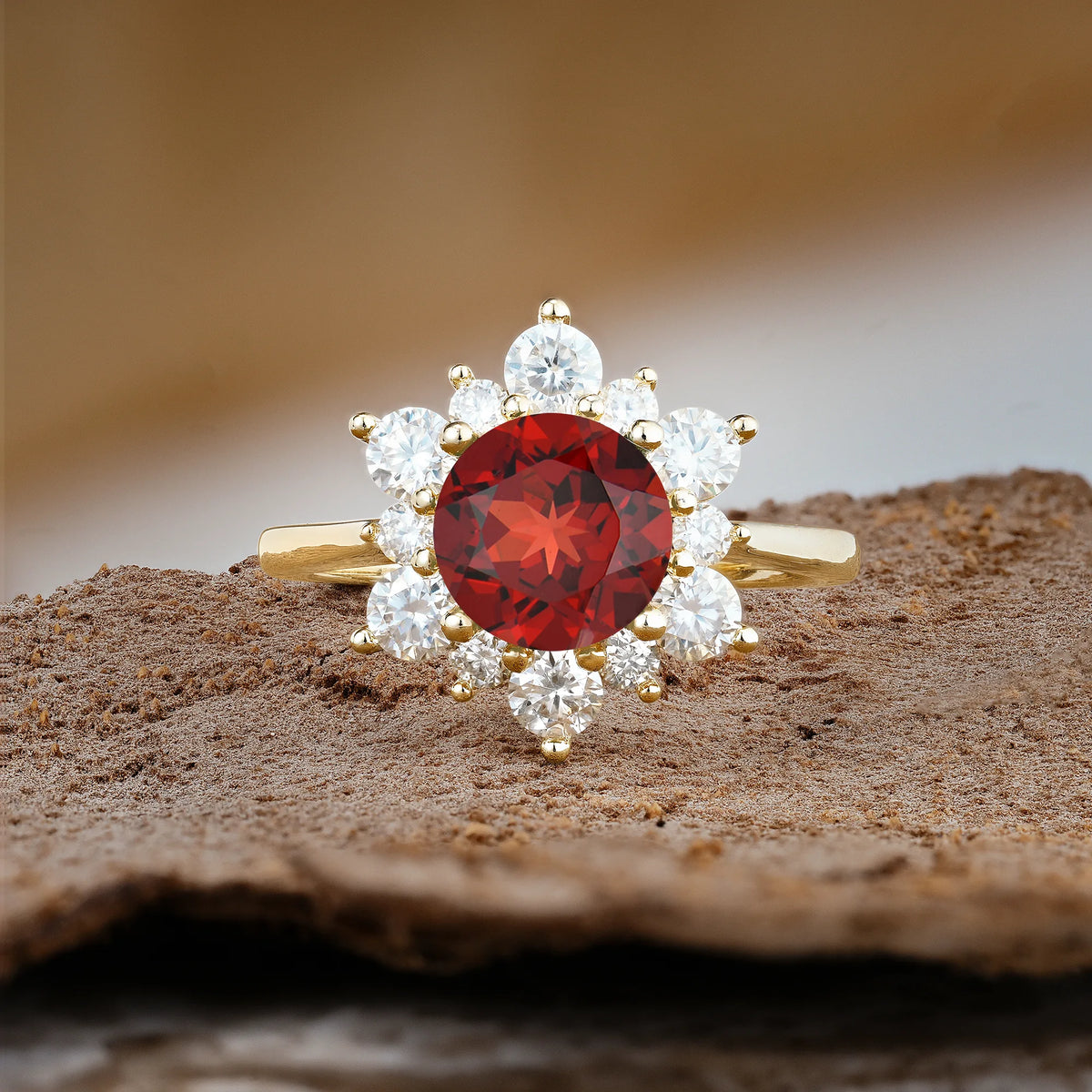 Luxurious Flower-Shaped 12-Prong Round Cut Garnet Engagement Ring