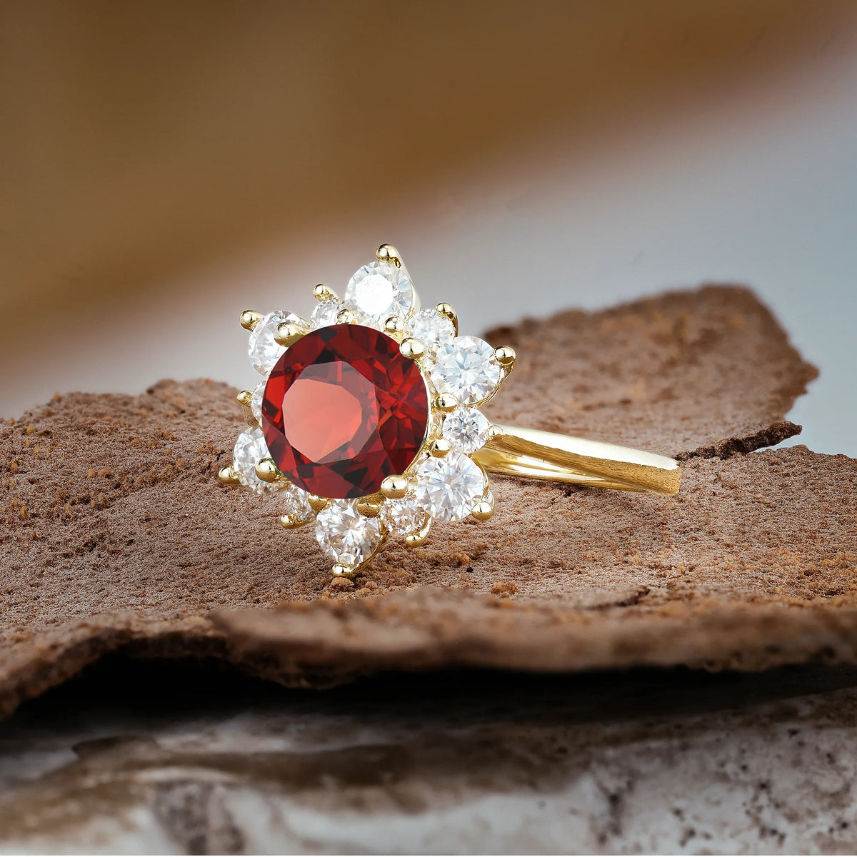 Luxurious Flower-Shaped 12-Prong Round Cut Garnet Engagement Ring