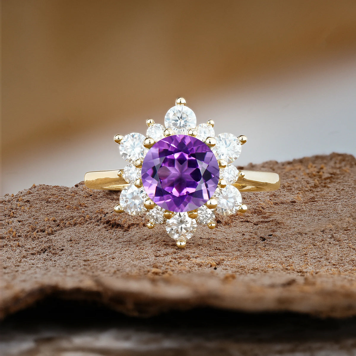 Luxurious Flower-Shaped 12-Prong Round Cut Amethyst Engagement Ring