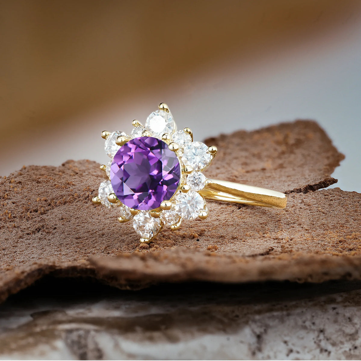 Luxurious Flower-Shaped 12-Prong Round Cut Amethyst Engagement Ring