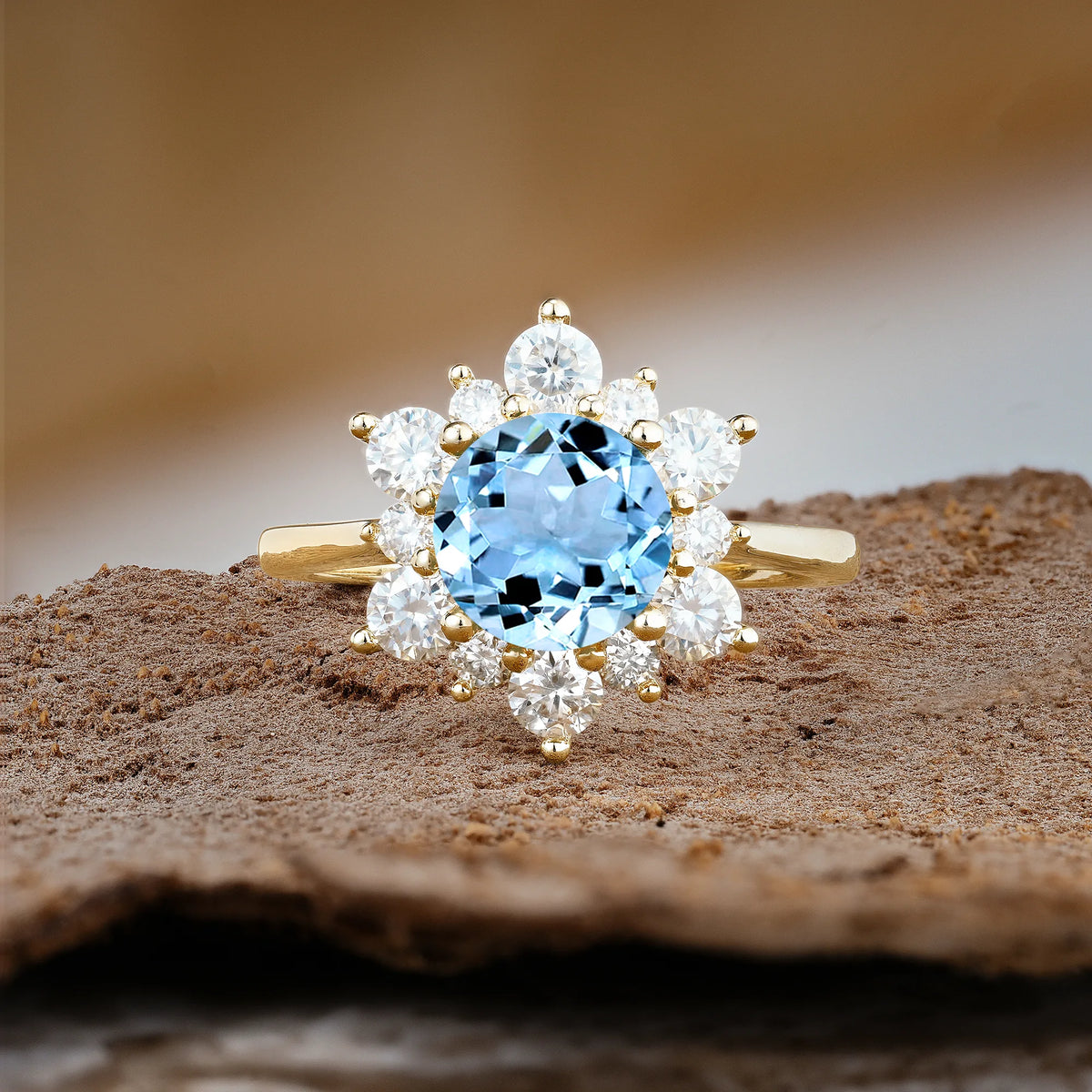 Luxurious Flower-Shaped 12-Prong Round Cut Aquamarine Engagement Ring