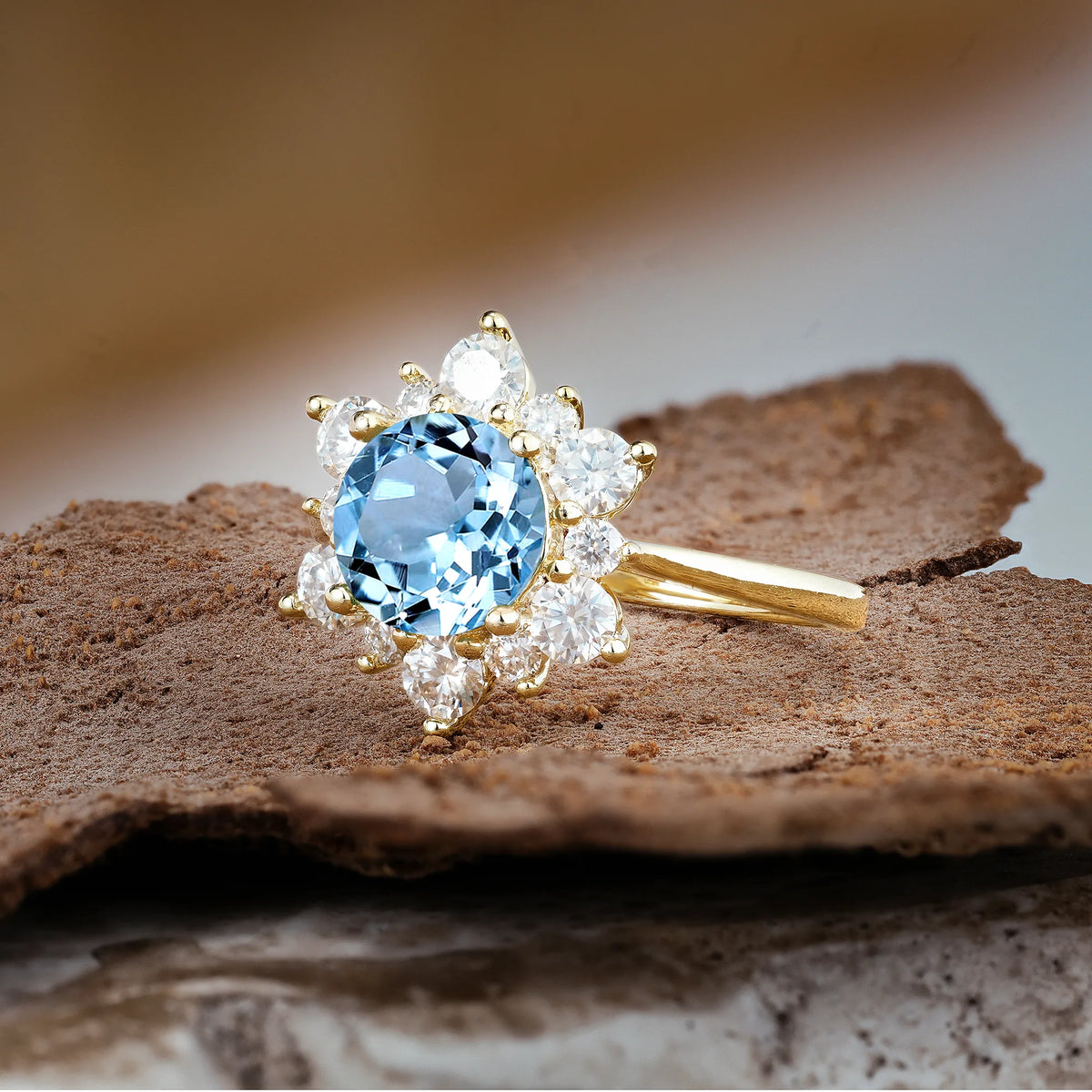 Luxurious Flower-Shaped 12-Prong Round Cut Aquamarine Engagement Ring