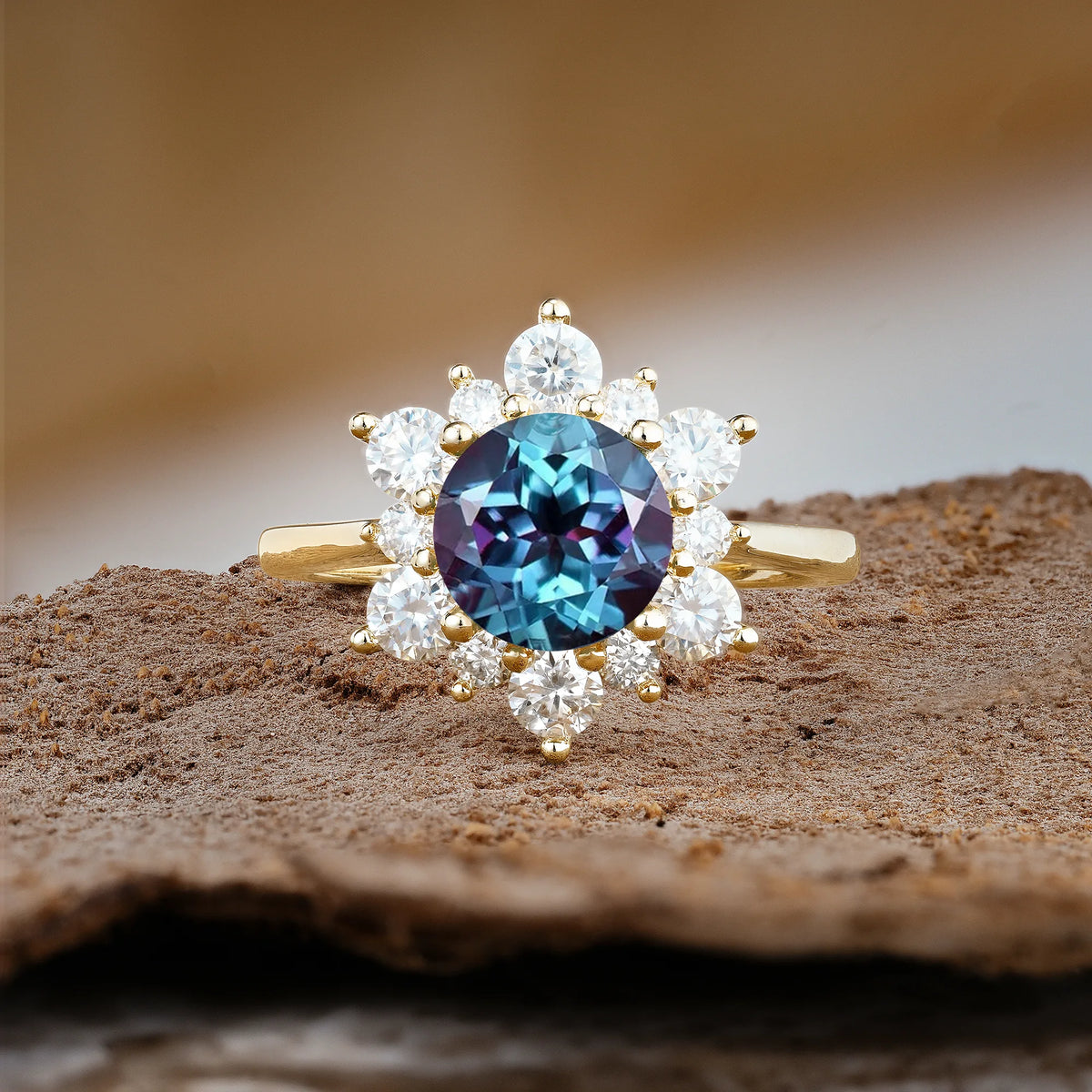 Luxurious Flower-Shaped 12-Prong Round Cut Alexandrite Engagement Ring