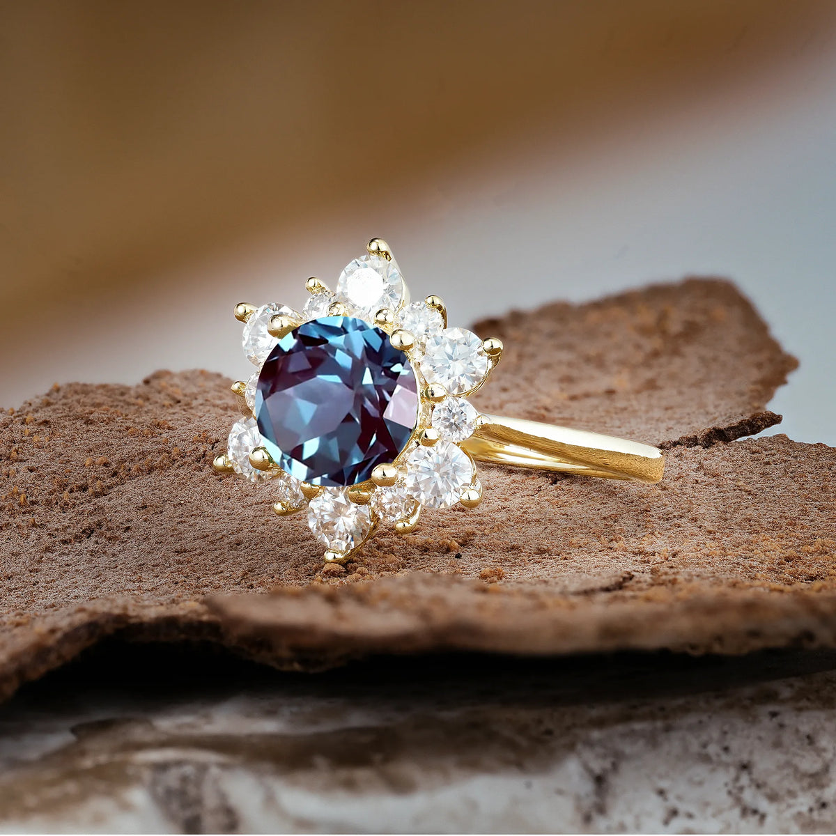 Luxurious Flower-Shaped 12-Prong Round Cut Alexandrite Engagement Ring