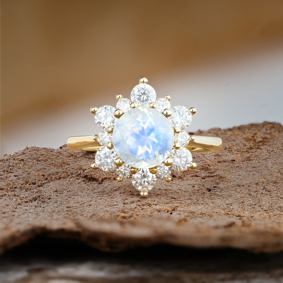 Luxurious Flower-Shaped 12-Prong Round Cut Moonstone Engagement Ring