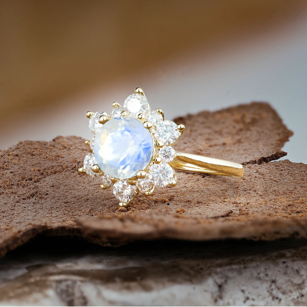 Luxurious Flower-Shaped 12-Prong Round Cut Moonstone Engagement Ring
