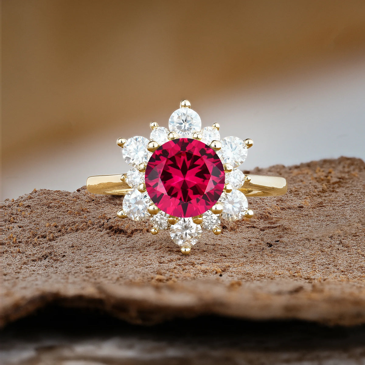 Luxurious Flower-Shaped 12-Prong Round Cut Ruby Engagement Ring