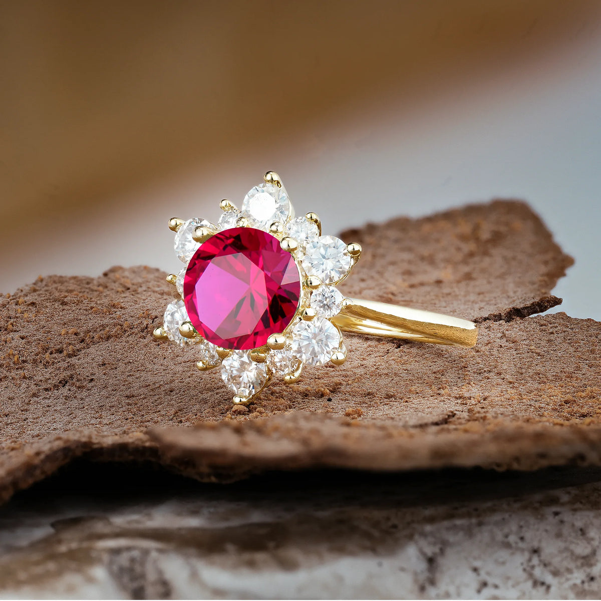 Luxurious Flower-Shaped 12-Prong Round Cut Ruby Engagement Ring