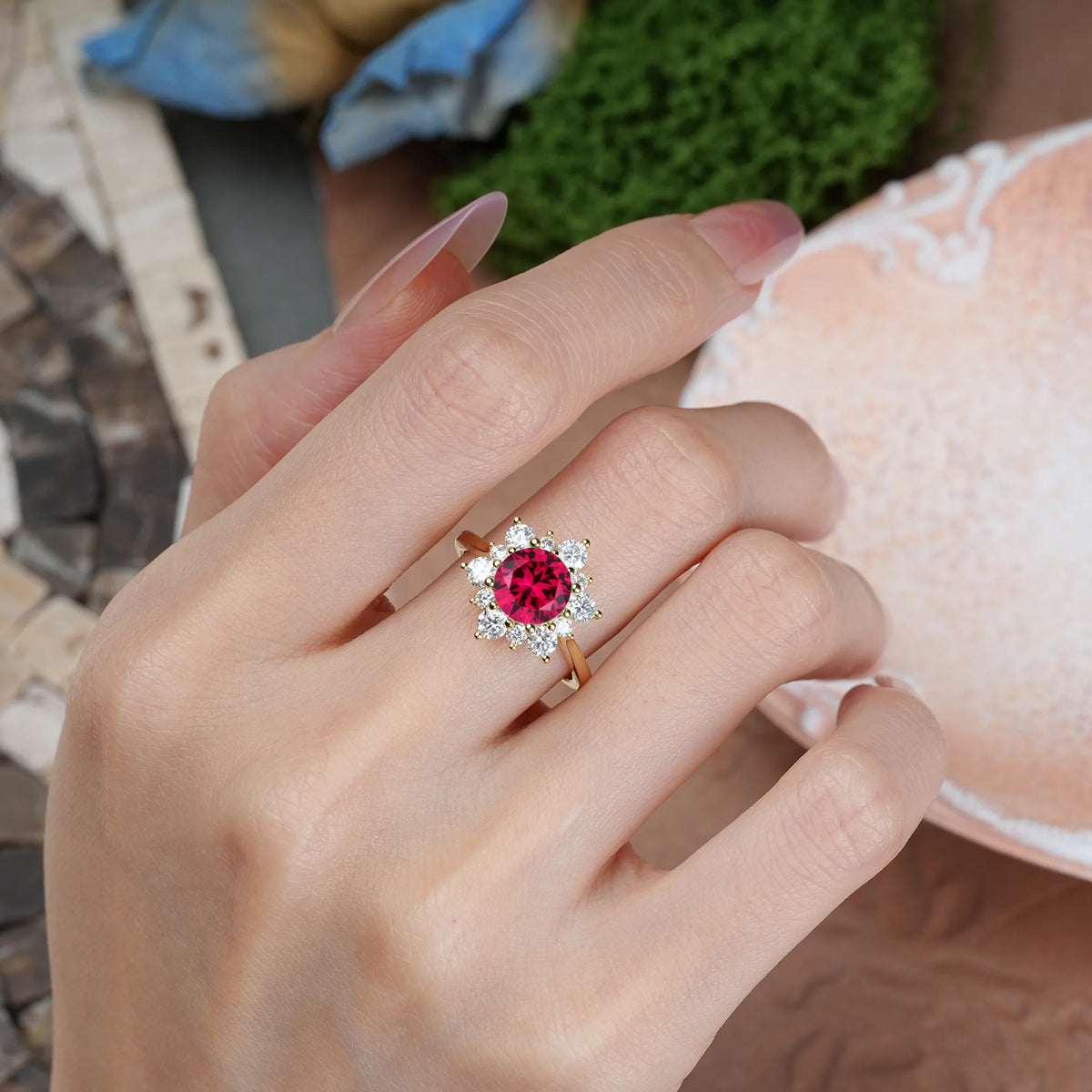 Round Cut Ruby Luxurious Flower-Shaped 12-Prong Engagement Ring