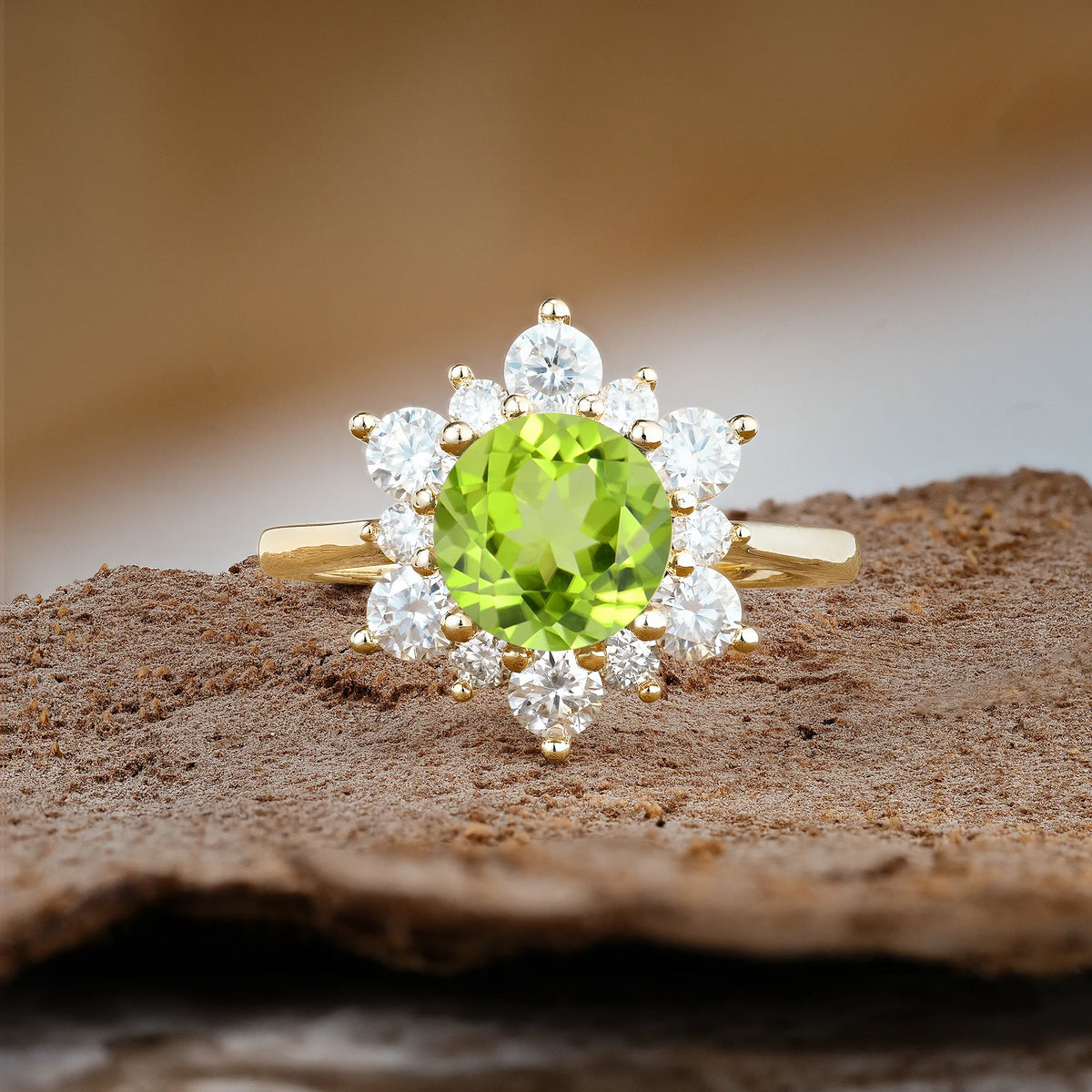 Luxurious Flower-Shaped 12-Prong Round Cut Peridot Engagement Ring