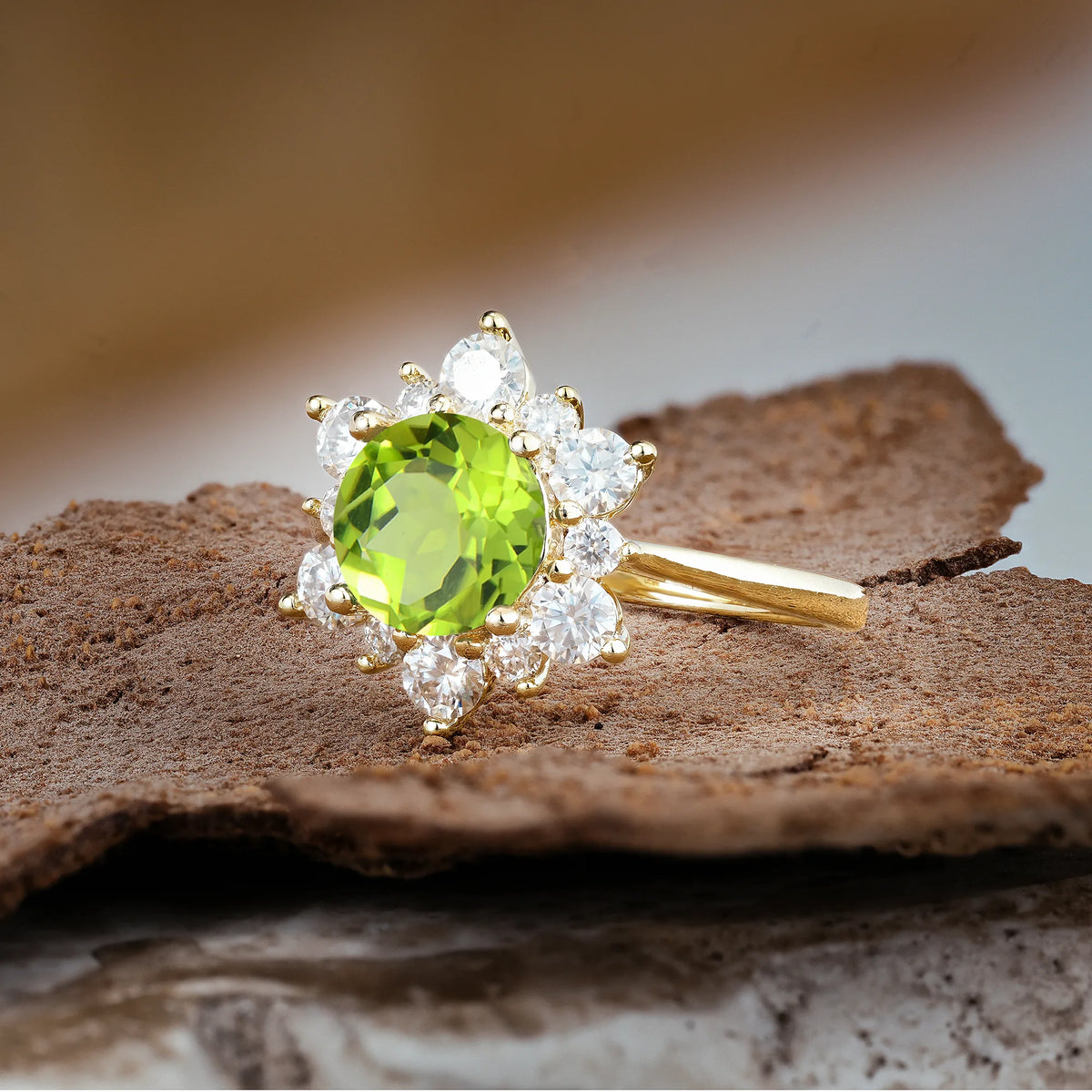 Luxurious Flower-Shaped 12-Prong Round Cut Peridot Engagement Ring